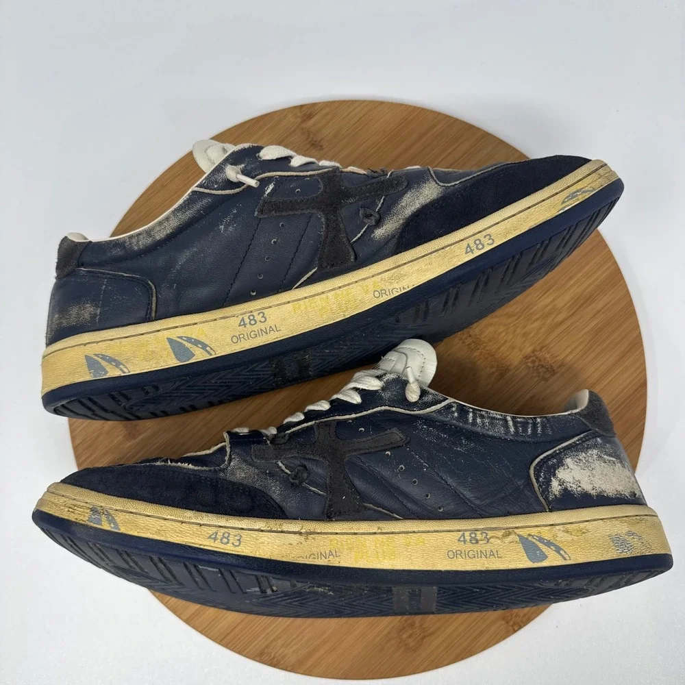 Premiata Clay 6907 Navy Leather Distressed Sneakers Mens Sz 45/12 Low Top Shoes